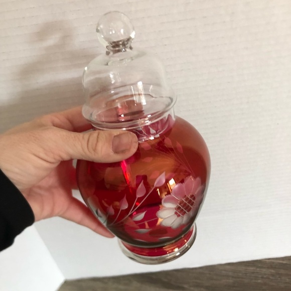 Vtg Hughes Ruby Glass Apothecary Jar with Etched Cornflower Design - Picture 11 of 12